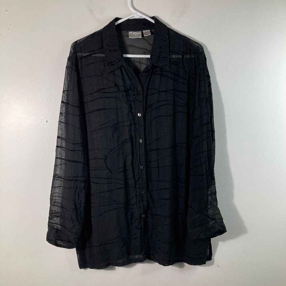 Womens Chicos Long Sleeve Burnout Sheer Button Shirt Black L Rayon - Picture 1 of 10